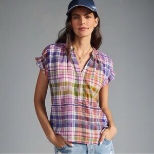 Pilcro Multi-Color Plaid Short-Sleeve Button Down Top